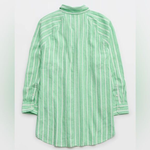 aerie S Celebrity Green White Stripe Pool-to-Party Linen Blend Cover up Shirt - Picture 6 of 17